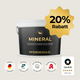 Ein schwarzer Eimer Pferdegold® Mineral 20% mit organischen Spurenelementen, ein goldener Sternenhimmel mit 20% Rabatt und fünf Qualitätsplaketten.