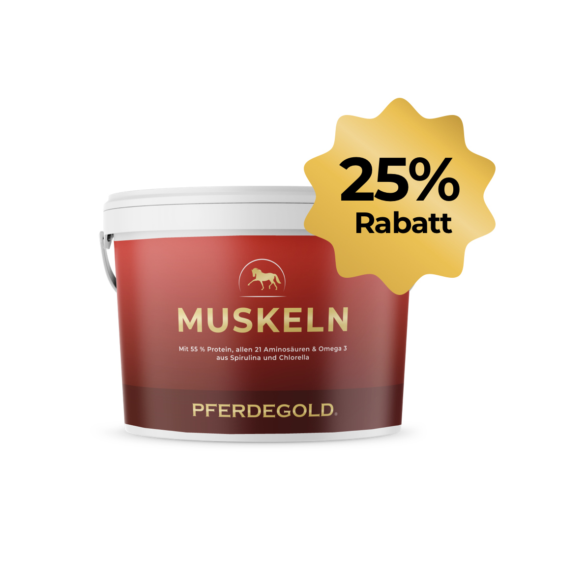 Pferdegold® Muskeln 25% Rabatt test-roter Pferdegold-Ergänzungsbecher mit gelbem Rabatt-Etikett, ideal für Muskelaufbau Pferd und zur Unterstützung starker Pferdemuskeln.
