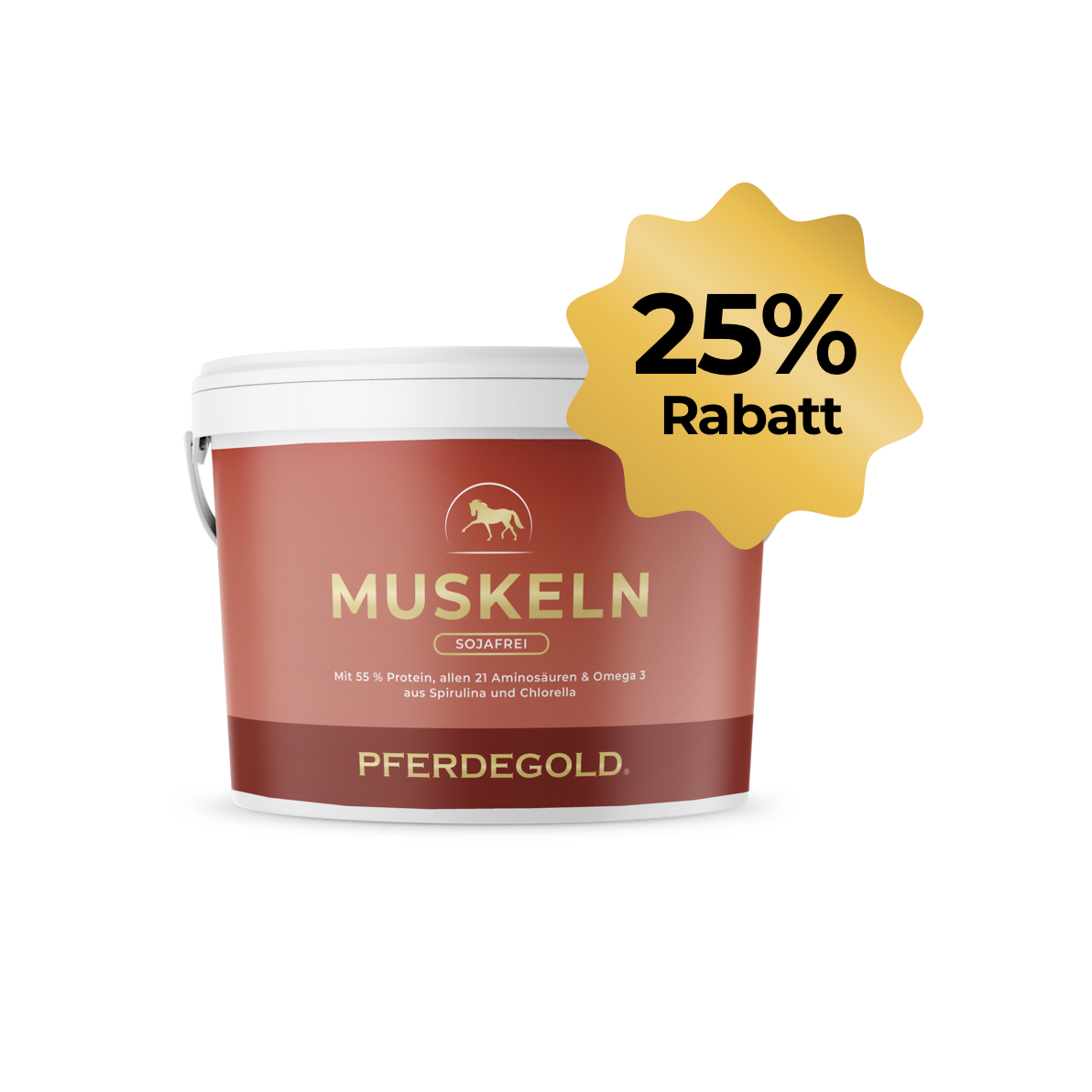Muskeln 2.0 sojafrei 25 % von Pferdegold® im roten Behälter mit goldener Sternburst und "25 % Rabatt"-ideal für Muskelaufbau und Ausdauer dank pflanzlicher Proteine.