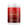 Rote Dose mit der Aufschrift Muskeln 2.0 von Pferdegold, mit einem Pferdesymbol und goldenem Text, ideal für den Muskelaufbau bei Pferden und hochwertigem Pferdefutter.