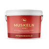 Roter Becher mit der Aufschrift Pferdegold Muskeln 2.0 Sojafrei, ein sojafreies Ergänzungsfuttermittel für Pferde zum Muskelaufbau, mit einem Pferdelogo auf dem Deckel.