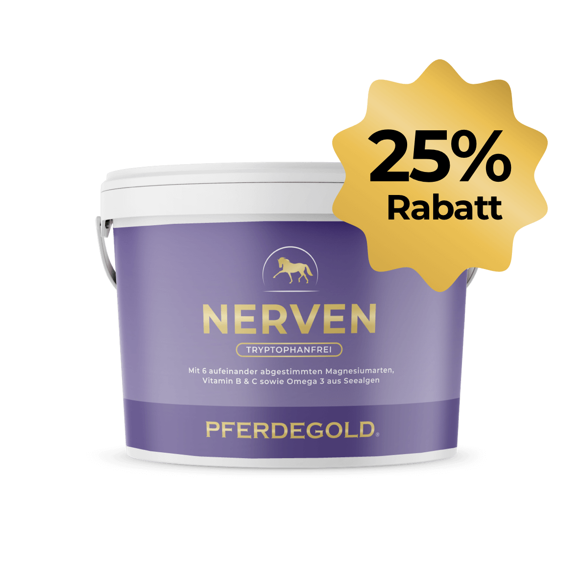 Lila Eimer mit der Aufschrift Pferdegold® Nerven 2.0 25%, zur Versorgung mit Magnesium und zur Unterstützung der Nerven, mit goldener Rabattmarke "25% Rabatt" in der rechten oberen Ecke.