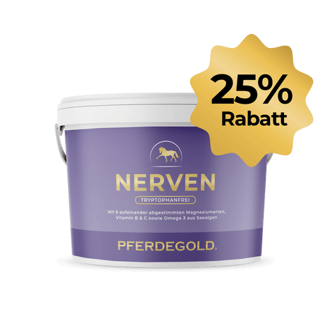 Lila Eimer mit der Aufschrift Pferdegold® Nerven 2.0 25%, zur Versorgung mit Magnesium und zur Unterstützung der Nerven, mit goldener Rabattmarke "25% Rabatt" in der rechten oberen Ecke.