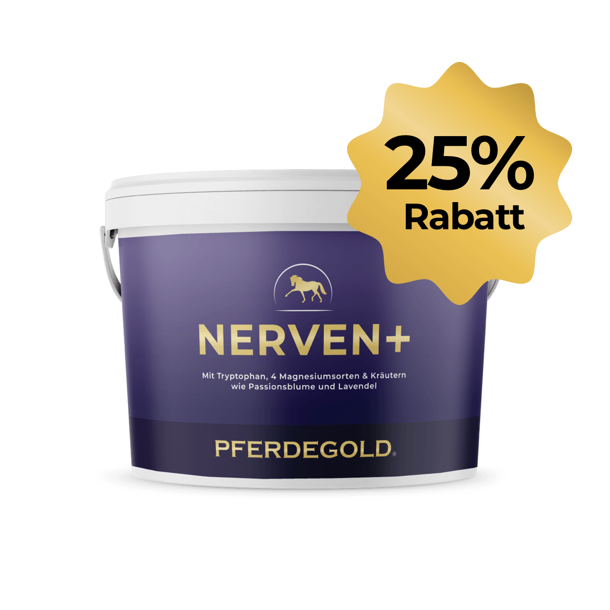 Pferdegold® Nerven+ mit Tryptophan 25% Becher mit einer goldenen 25% Rabatt-Plakette oben rechts - ideales Pferdefutter zur Beruhigung Ihres Pferdes.
