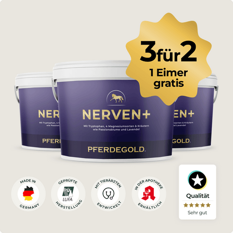 Drei lilafarbene Eimer Pferdegold® Nerven+ mit Tryptophan 3für2, jeweils mit 3für2"-Promo-Etikett und Qualitätssiegel - ideal zur Beruhigung von Pferden und zur Unterstützung starker Pferdenerven.