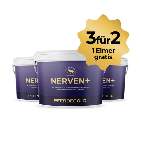Drei Kübel Pferdegold® Nerven+ mit Tryptophan 3für2 mit goldenem Etikett "3 für 2, 1 Eimer gratis" - ideal für Pferde zur Beruhigung und für starke Nerven.