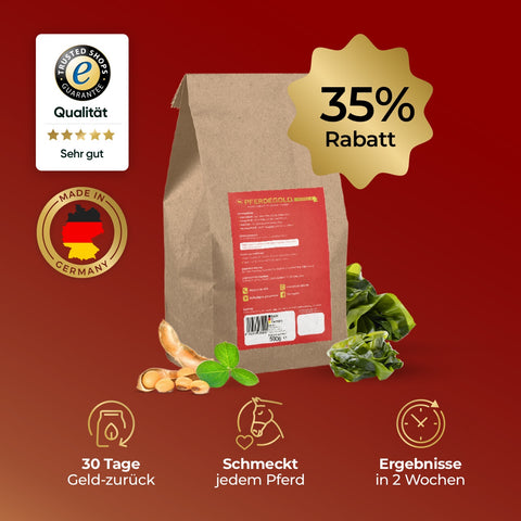 Auf einer braunen Tüte Pferdegold Muskeln 1.0 mit rotem Etikett steht "35% Rabatt" zusammen mit Symbolen, die die Qualität und die muskelaufbauenden Vorteile für Pferde hervorheben.
