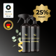 Zwei schwarze Pferdegold® Insektenschutzspray-Flaschen mit goldenen Etiketten, 25% Rabattmarke und "Made in Germany"-Siegel - schützt effektiv vor Zecken und Bremsen mit pflanzenbasiertem Wirkstoff.