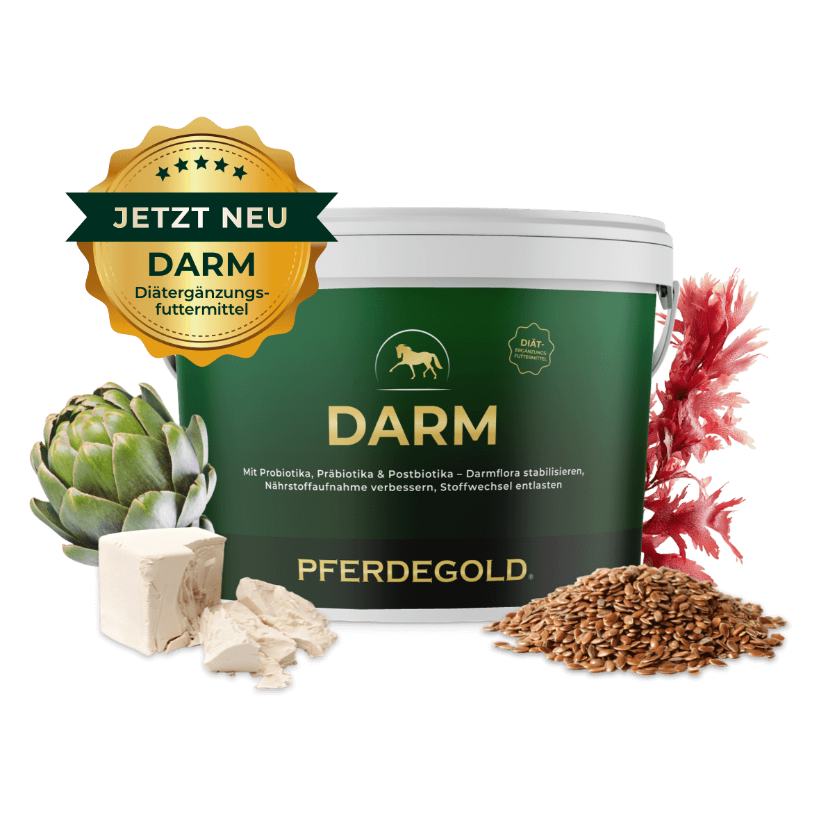 Pferdegold Darm mit Artischocke, Leinsamen und Algen - jetzt neu mit Goldstern! Ideal als Ergänzungsfutter für einen gesunden Pferdemagen.