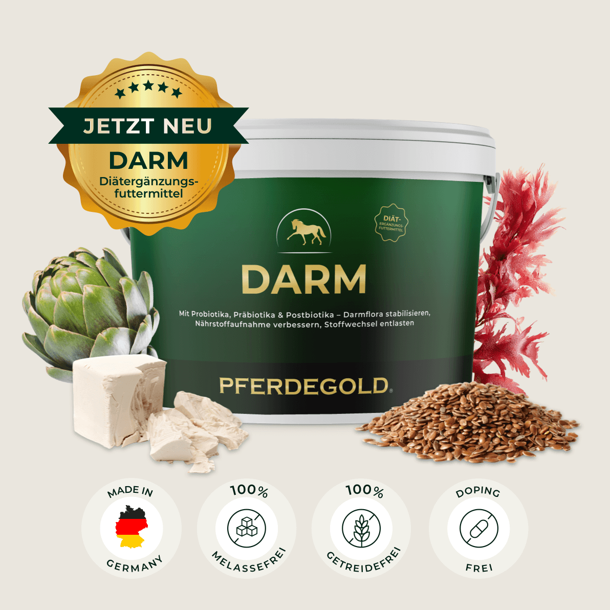 Pferdegold® Stressbalance (Darm + Nerven): Ergänzungsbecher mit Artischocke, Tofu, Leinsamen und Rotalgen zur Unterstützung der Verdauung und zum Stressabbau. Siehe Produktsymbole unten.