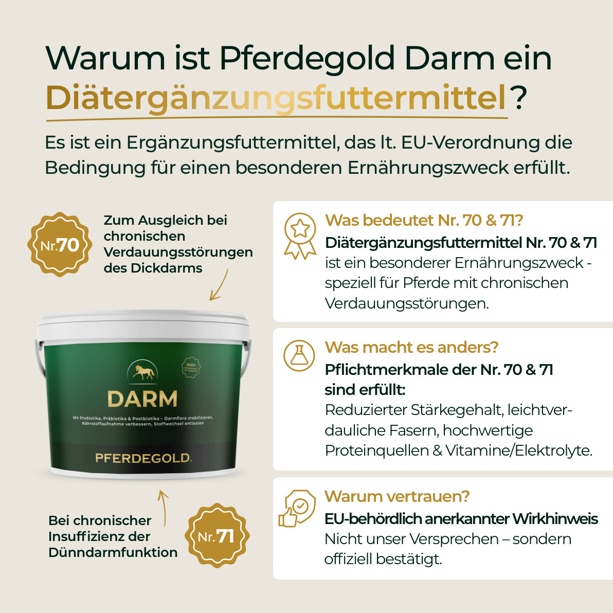 Infografik: Pferdegold Darm - das Diätergänzungsfuttermittel, ideal zur Ergänzung von Pferde Ergänzungsfutter und zur Unterstützung der Magen- und Darmgesundheit Ihres Pferdes.