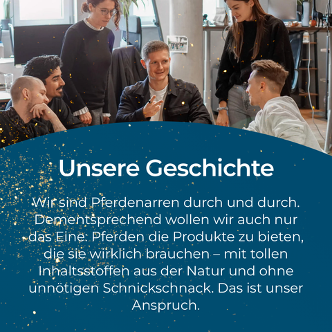 Fünf Personen sitzen in einem Büroraum, über dem ein deutscher Text über die Werte und die Mission ihres Unternehmens zu lesen ist, und unterhalten sich über Themen wie Mobilität und „Pferdegold Gelenke 1.0“, um die Gesundheit im Team zu fördern.
