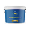Pferdegold Gelenke 1.0: Blauer Eimer mit Pferdelogo, weißem Deckel und einem Etikett für ein Gelenkpräparat für Pferde, das die Beweglichkeit fördert und Omega-3-Fettsäuren für eine optimale Gelenkernährung liefert.