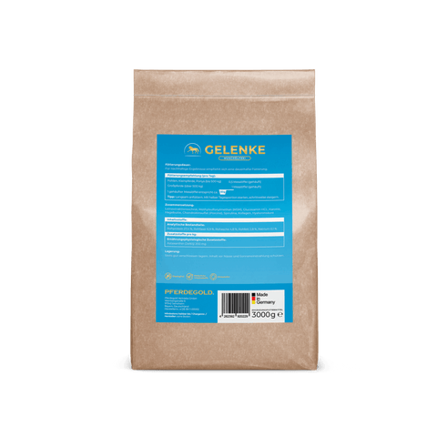 Pferdegold® Gelenke Muschelfrei Nachfüllpack 3kg in einer braunen Papiertüte mit blauem Etikett, made in Germany.