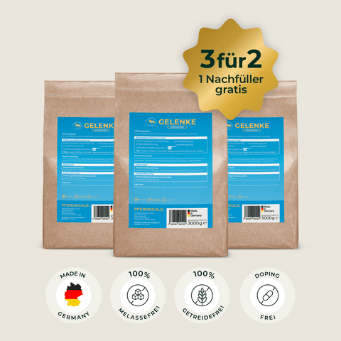 Drei braune Papierverpackungen mit Pferdegold® Gelenke Muschelfrei Nachfüller, versehen mit blauen Etiketten mit deutschem Text und einem goldenen „3für2“-Aktionsaufkleber darüber.
