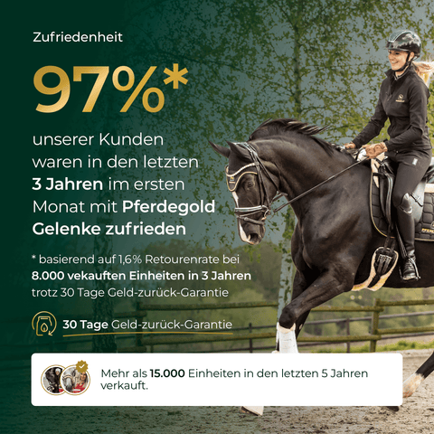 Eine Reiterin auf einem braunen Pferd strahlt Zufriedenheit aus - dank Pferdegold Gelenke Muschelfrei 2.0: optimale Gelenkunterstützung für Pferde, auch bei empfindlichem Magen.