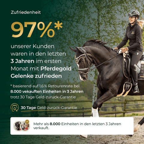 Eine Frau reitet auf einem Pferd; laut Text lag die Kundenzufriedenheit mit „Pferdegold® Gelenke – Muschelfrei – Nachfüllpackung 3 für 2“ in den letzten drei Jahren bei 97 %.