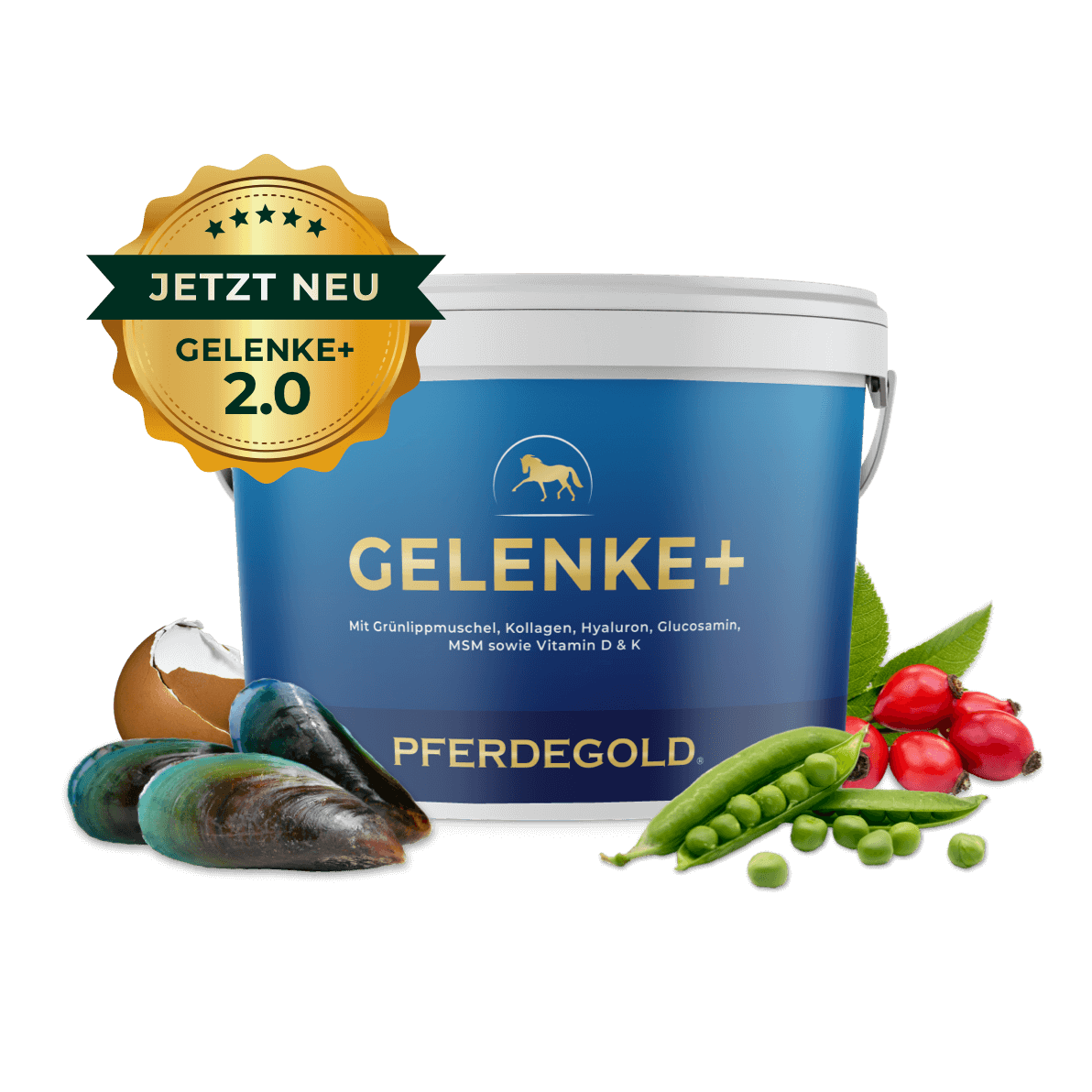Pferdegold Gelenke+ Wanne mit Siegel, umgeben von Gemüse, Hagebutten und Muscheln - perfekt für die Gelenke Ihres Pferdes. Abgebildet auf einem sauberen weißen Hintergrund.