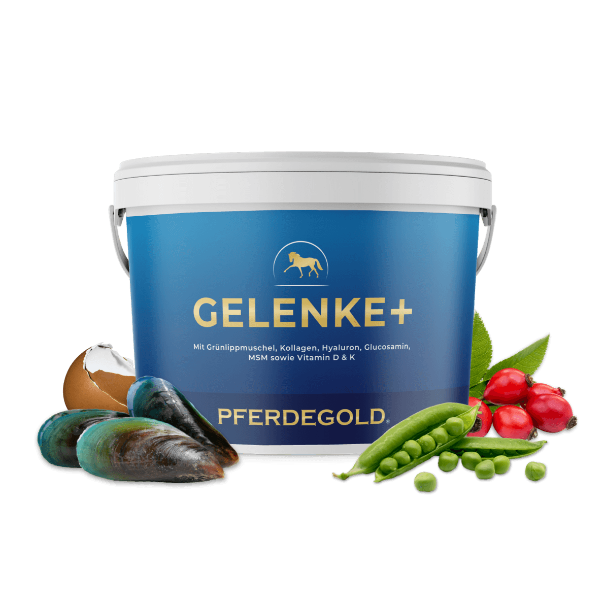 Gelenke+ von Pferdegold: Ein blauer Eimer mit grünen Erbsen, Miesmuscheln, Hagebutten und einer Eierschale daneben – eine nährstoffreiche Kombination, die speziell zur Unterstützung der Gelenke Ihrer Pferde entwickelt wurde.