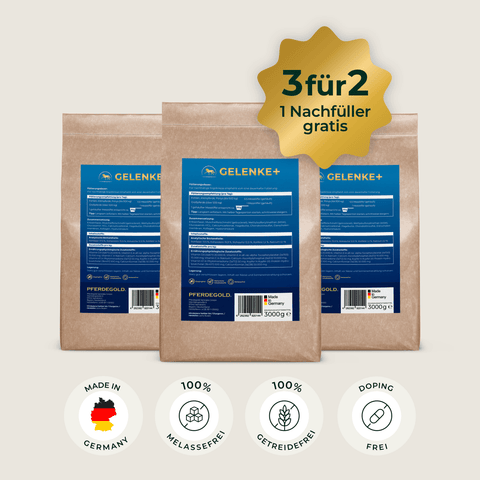 Drei braune Tüten mit „Pferdegold® Gelenke+ Nachfüller 3für2“, darunter ein „3 für 2“-Aktionsaufkleber und Symbole zu den Produktmerkmalen.
