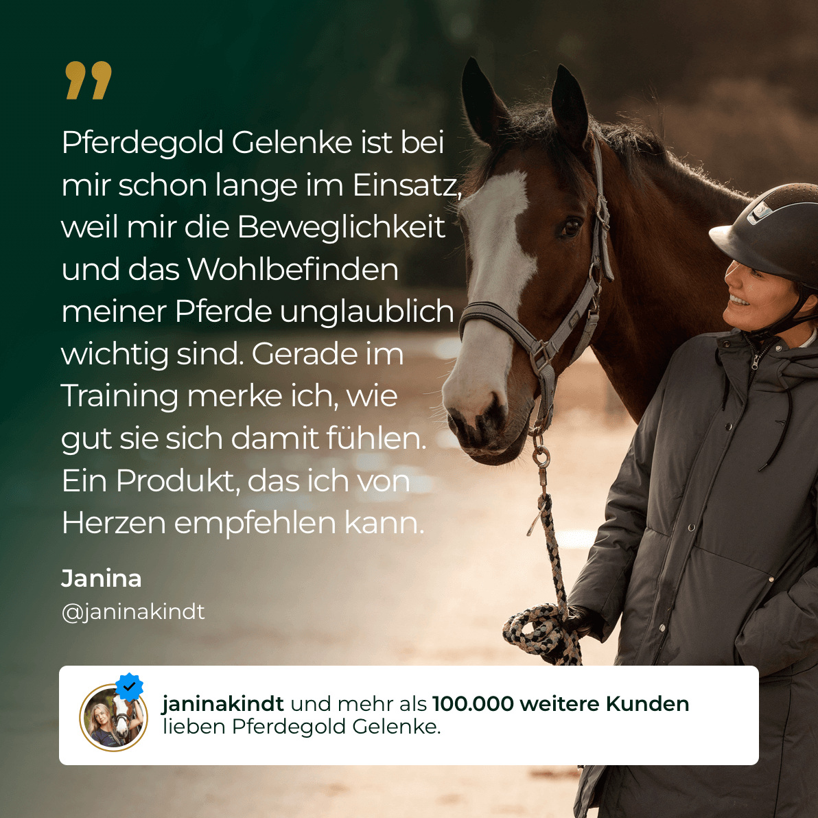 Lächelnde Frau mit Helm, die ihr Pferd hält, mit deutschem Text und Social-Media-Post über Pferdegold Gelenke+ und gesunde Gelenke überlagert.
