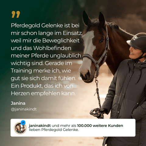 Eine Frau mit Helm lächelt ein Pferd an, daneben ist ein Kundenbericht zu „Pferdegold® Gelenke+ Nachfüller 3für2“ zu sehen.