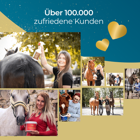 Lächelnde Menschen mit Pferden verwenden „Pferdegold Gelenke 1.0“, angereichert mit Omega-3 für mehr Mobilität; der Text lautet: „Über 100.000 zufriedene Kunden“ mit Herz-Symbolen.