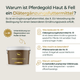 Beigefarbene Infografik zu „Pferdegold Haut & Fell“, einem Ergänzungsfuttermittel für Pferde zur optimalen Pferdepflege, mit beschreibendem Text und einem Bild der weißen Eimerverpackung. Diese Rezeptur von Pferdegold wurde entwickelt, um die Gesundheit von Haut und Fell Ihres Pferdes zu unterstützen.