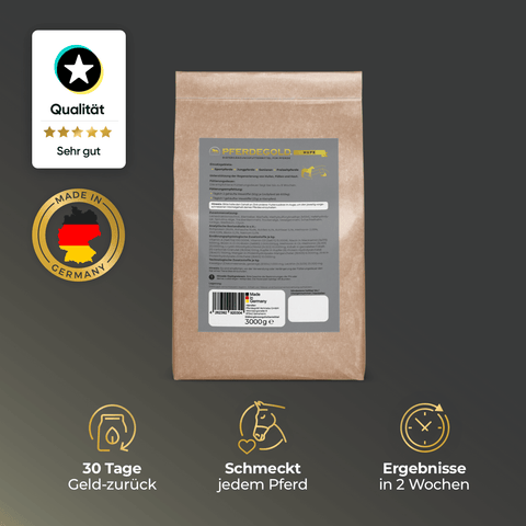 Ein brauner Pferdegold Hufe Nachfüllpack 3kg Beutel mit Qualitätssymbolen, deutschen Abzeichen und Etiketten, die Rückerstattung, pferdegeprüften Geschmack und 2-wöchige Ergebnisse versprechen. Perfekt für die Hufpflege mit bewährten Pferdeprodukten.