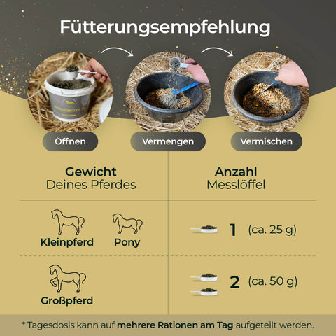 Die Infografik enthält Fütterungshinweise für Pferde mit einer Schritt-für-Schritt-Anleitung zum Öffnen, Anmischen und Abmessen der Futterzusatzportionen von Pferdegold® Hufe 15 %, um eine optimale Zink- und Biotinversorgung zur Unterstützung der Hufregeneration sicherzustellen.