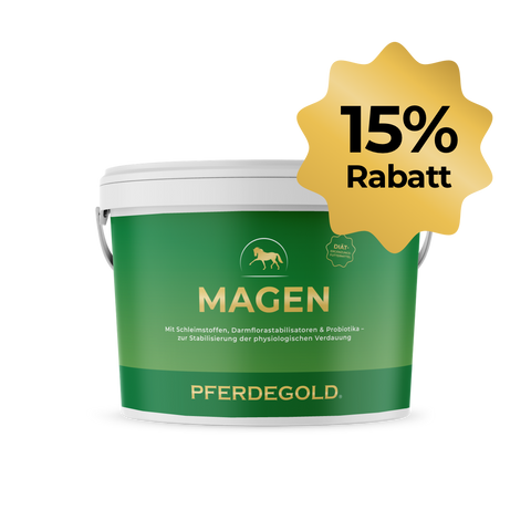 Der grüne Pferdegold® Magen 15 % Becher trägt einen goldenen Stern mit "15% Rabatt" - ideal zur Unterstützung von Verdauungsstörungen und einer gesunden Verdauung mit Darmflorastabilisatoren.