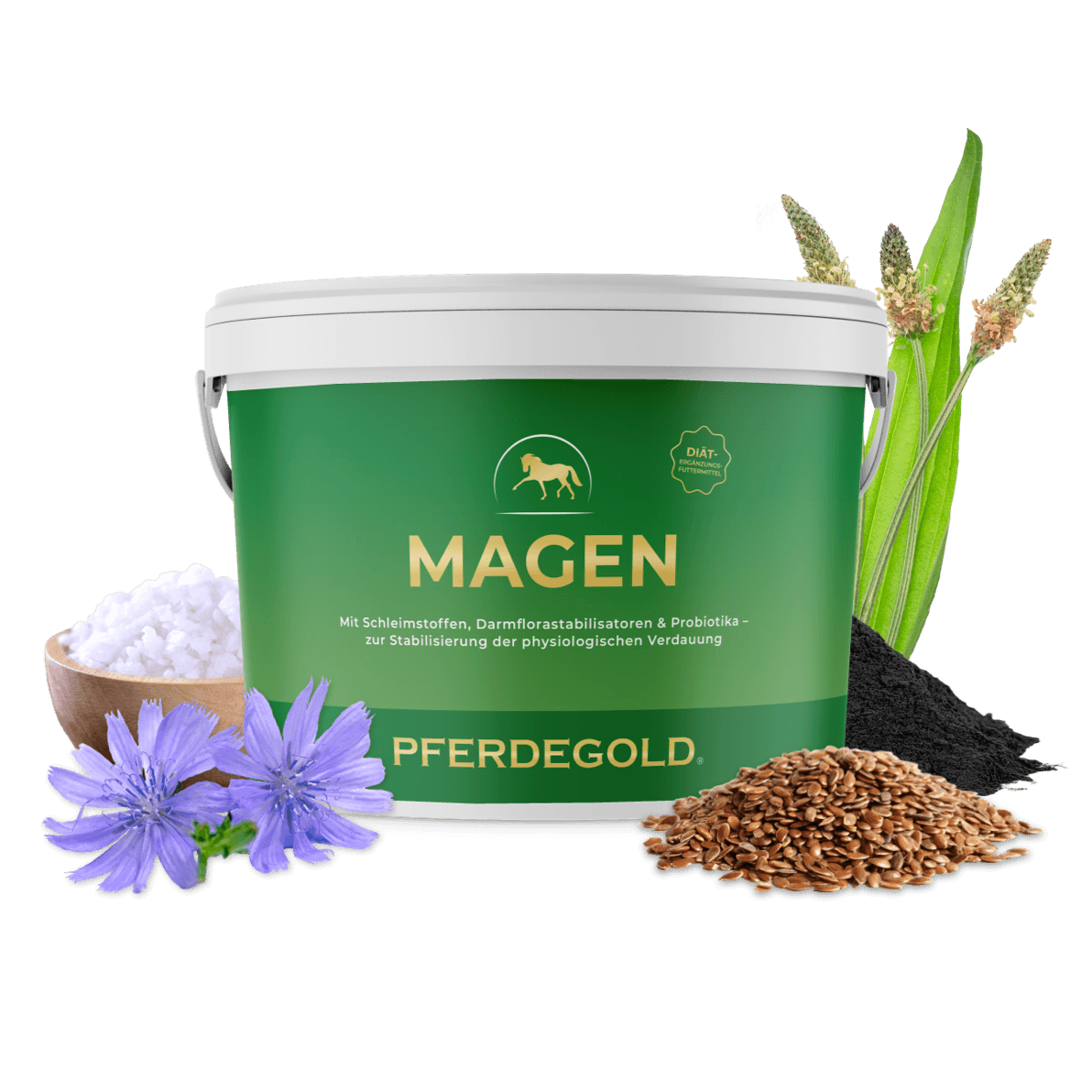 Die „Pferdegold Magen“-Dose mit einem Pferdesymbol, umgeben von Leinsamen, Blüten, schwarzem Pulver und weißen Körnchen, ist die perfekte Wahl, um die Verdauungsgesundheit Ihres Pferdes zu unterstützen.