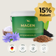 Auf dem grünen Pferdegold® Magen 15 % Becher sind Blumen, Angaben zu den Inhaltsstoffen, Probiotika für Verdauungsstörungen und eine 15% Rabatt-Starburst abgebildet.