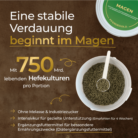 Offene Dosis Pferdegold Magen Supplement Pellets auf braunem Hintergrund mit Produktinfos und Health Claims auf Deutsch, ideal zur Unterstützung des Pferdemagens und für gesundes Wohlbefinden.