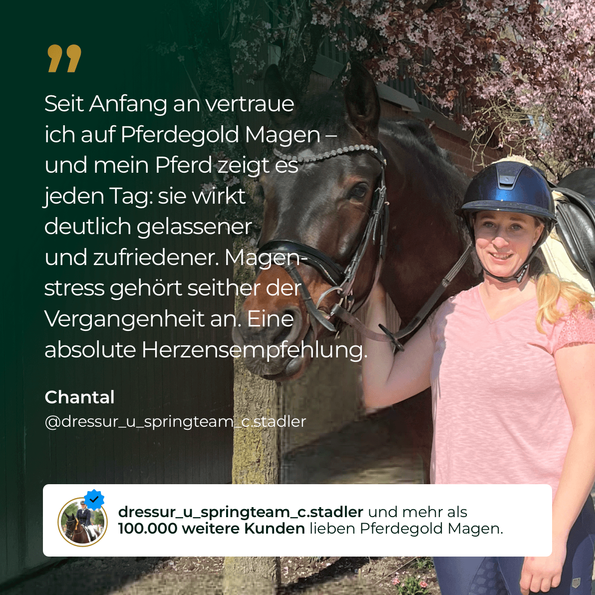 Eine lächelnde Frau in Reitkleidung steht an einem sonnigen Tag neben einem dunkelbraunen Pferd und hält dessen Zügel fest - bereit, die Gesundheit ihres Pferdes mit Pferdegold Magen zu unterstützen.