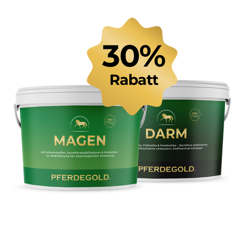 Zwei grüne Kübel mit Pferdegold® Magen-Darm-Kur 30%, jeder mit einem goldenen Sternchen, das 30% Rabatt anzeigt.