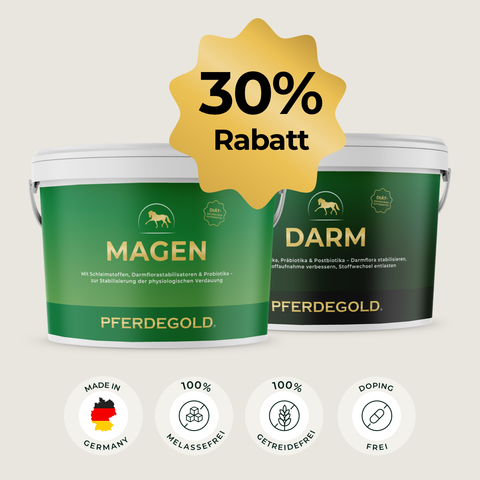 Zwei grüne Becher Pferdegold® Magen-Darm-Kur 30% mit goldenem Stern "30% Rabatt", Symbolen und dem Pferdegold®-Logo.