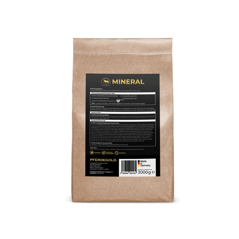 Braune Papiertüte mit schwarzem Etikett mit der Aufschrift Pferdegold® Mineral 2.0 Nachfüllpack 3kg und Produktangaben in weißer Schrift.