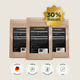 Drei braune Pferdegold® Mineral-Nachfüller-3er-Futterbeutel mit Produktdetails, einem goldenen „30 % Rabatt“-Abzeichen und vier untenstehenden Symbolen.