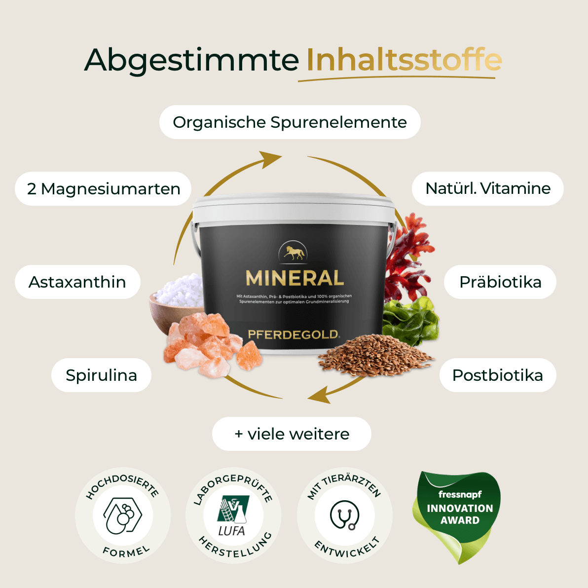 Das Ergänzungsfuttermittel Pferdegold Mineral 2.0 hebt die natürlichen Inhaltsstoffe und Vorteile hervor und unterstreicht damit seine Qualität als hochwertiges Mineralfutter für Pferde.