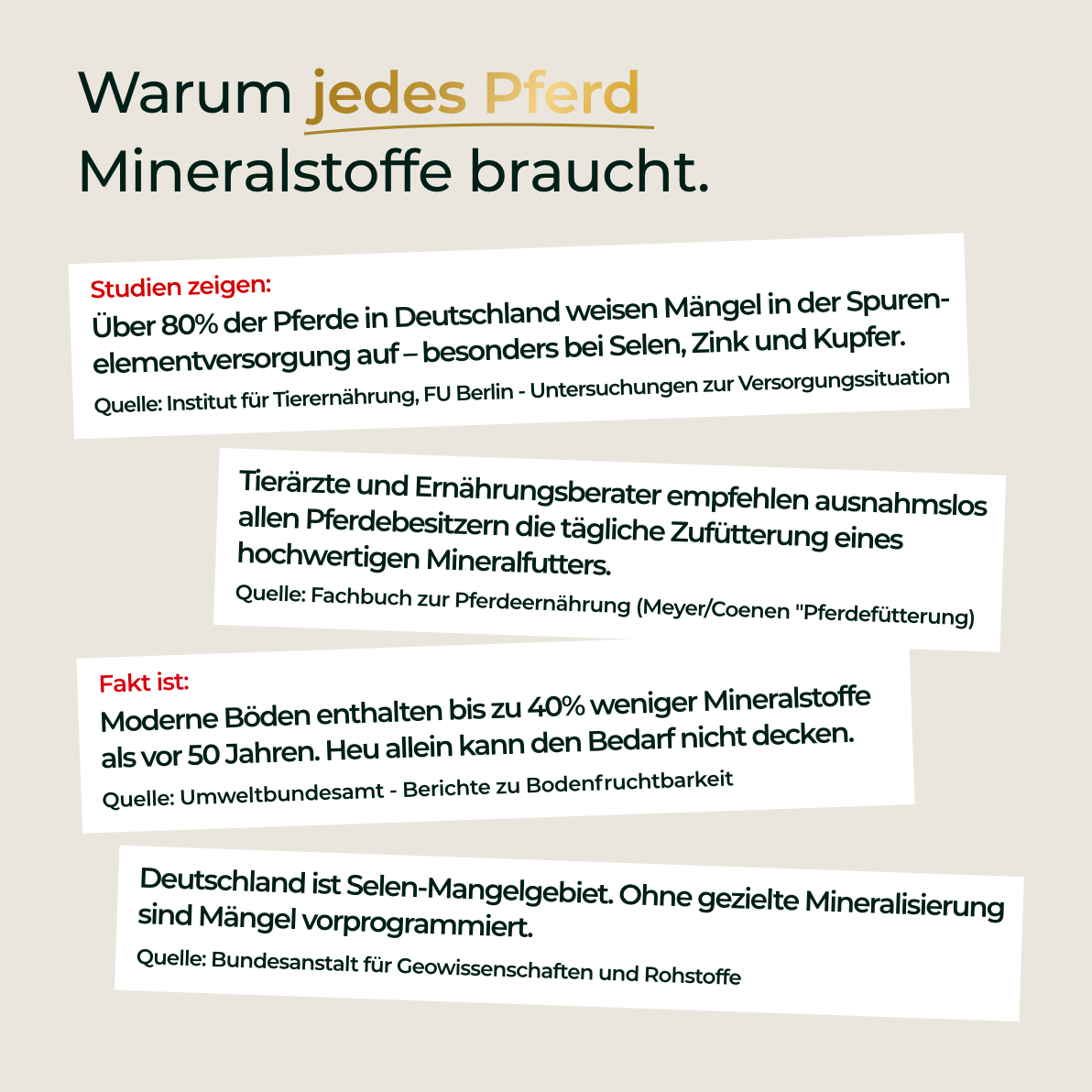 Infografik über Mineralstoffmangel bei Pferden mit Studien- und Expertenzitaten, farbigen Hervorhebungen sowie Tipps zu passendem Mineralfutter wie Mineral 2.0 von Pferdegold.