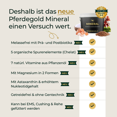 Tabelle mit den Vorteilen von Pferdegold® Mineral 2.0 Nachfüllpack 3kg mit gelben Häkchen und grünen "neu"-Etiketten.