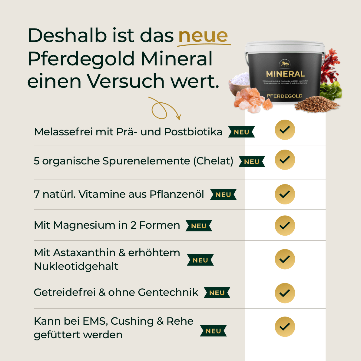 Erleben Sie die Vorteile von „Mineral 2.0“ von Pferdegold – unserem hochentwickelten Mineralfutter für Pferde, das speziell darauf abgestimmt ist, Ihr Pferd mit allen wichtigen Nährstoffen für optimale Vitalität zu versorgen. Eine übersichtliche Auflistung der wichtigsten Merkmale und Vorteile, hervorgehoben durch klare Symbole und eine umfassende Zutatenliste auf der rechten Seite, zeigt, warum dieses Pferdemineralfutter die ideale Lösung für eine ausgewogene Pferdeernährung ist.