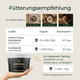 Fütterungsempfehlungen für Pferde sowie eine Dosierungstabelle, dargestellt anhand eines Eimers Pferdegold® Mineral Nachfüller 3für2.