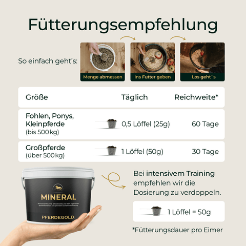 Fütterungsempfehlungen für Pferde sowie eine Dosierungstabelle, dargestellt anhand eines Eimers Pferdegold® Mineral Nachfüller 3für2.