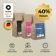 Drei braune Säcke Pferdegold® Senioren Spezial - Gelenke, Mineral, Stoffwechsel Pferdefutter mit Etiketten, 40% Rabatt, und Symbolen für Qualität, Erstattung und schnelle Ergebnisse.