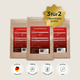 Drei braune Pferdegold® Muskeln+ Nachfüller 3für2-Taschen mit einem "3 für 2"-Angebot und darunter liegenden Symbolen, die die wichtigsten Merkmale hervorheben.