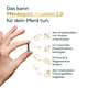 Hand hält eine Kapsel; daneben Vorteile von Pferdegold® Muskeln 2.0 für Muskelaufbau beim Pferd mit Icons und Text, perfekt als Ergänzungsfutter - jetzt 50% auf den 2. Eimer sichern!.