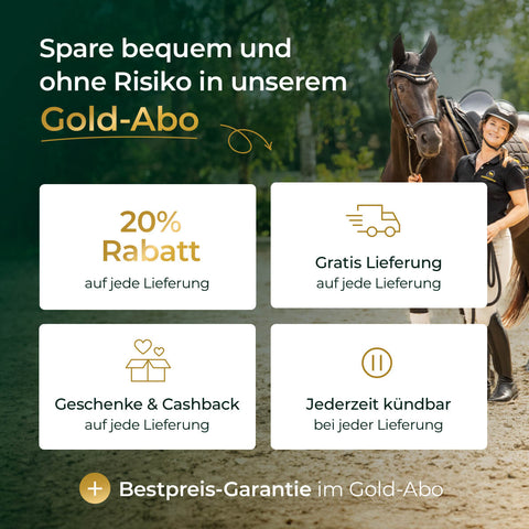 Jetzt Muskeln 2.0 von Pferdegold® sichern: 50% auf den 2. Eimer, Gratis Lieferung & flexible Kündigung - für optimalen Muskelaufbau beim Pferd! Im Hintergrund: Frau mit Pferd. Perfektes Futter für starke Pferdemuskeln!.