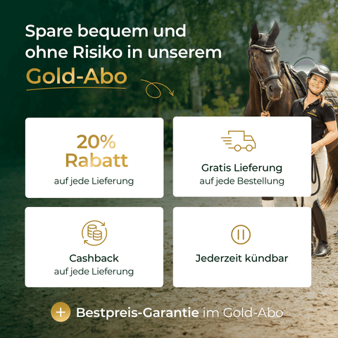 Frau mit Pferd, daneben Text: Gold-Abo von Pferdegold - 20% Rabatt auf Muskeln 2.0 für optimalen Muskelaufbau bei Pferden, kostenlose Lieferung, Cashback, jederzeit kündbar.